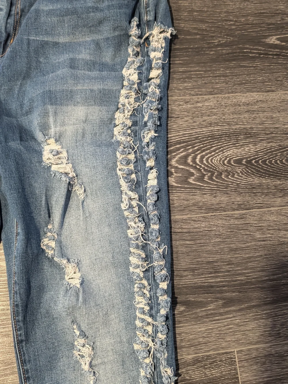 Fashion Nova Blue Ruffled Side Distressed Straight Leg Jeans